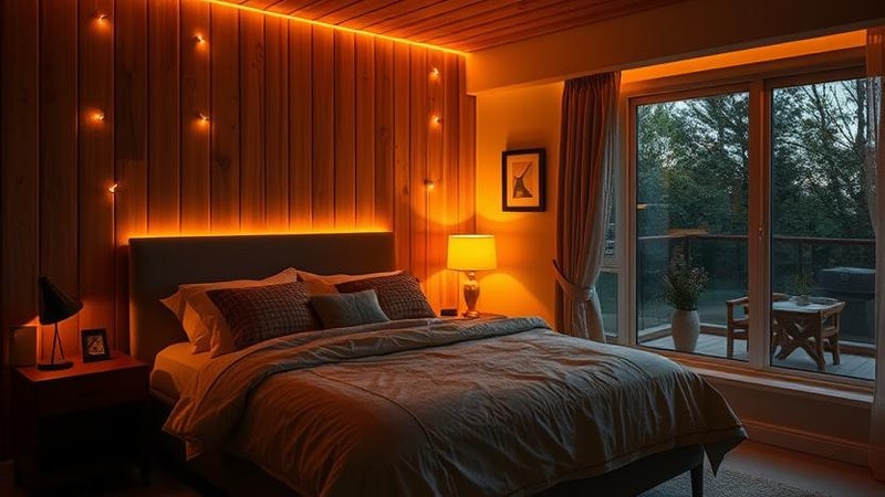 Warm toned LED strip light in a bedroom