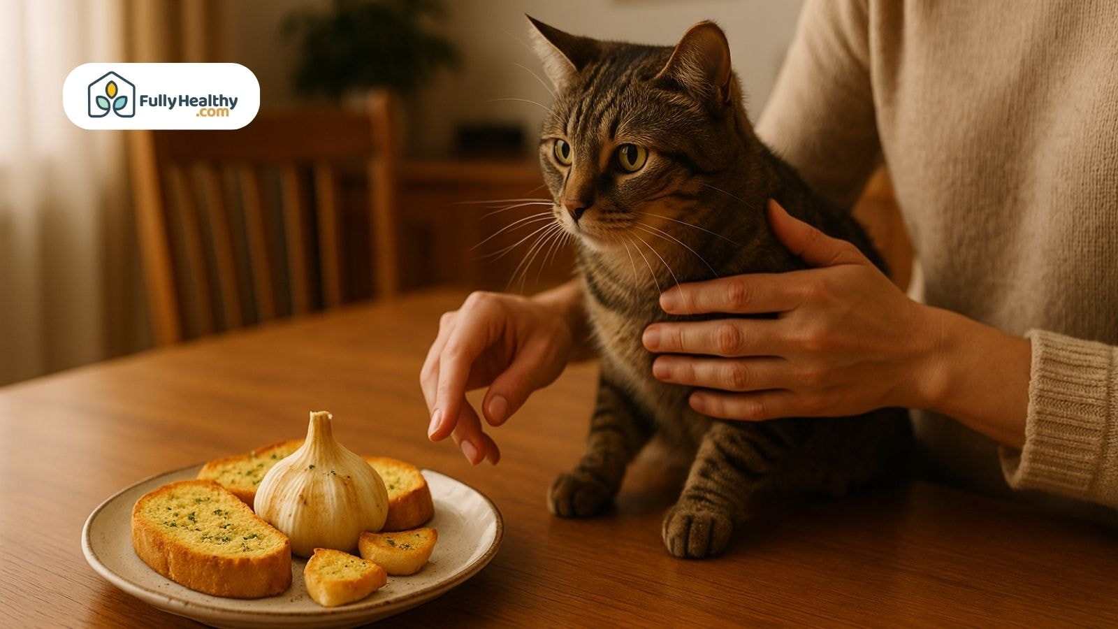 A person holding a cat near a plate of garlic bread and garlic bulb on a dining table.