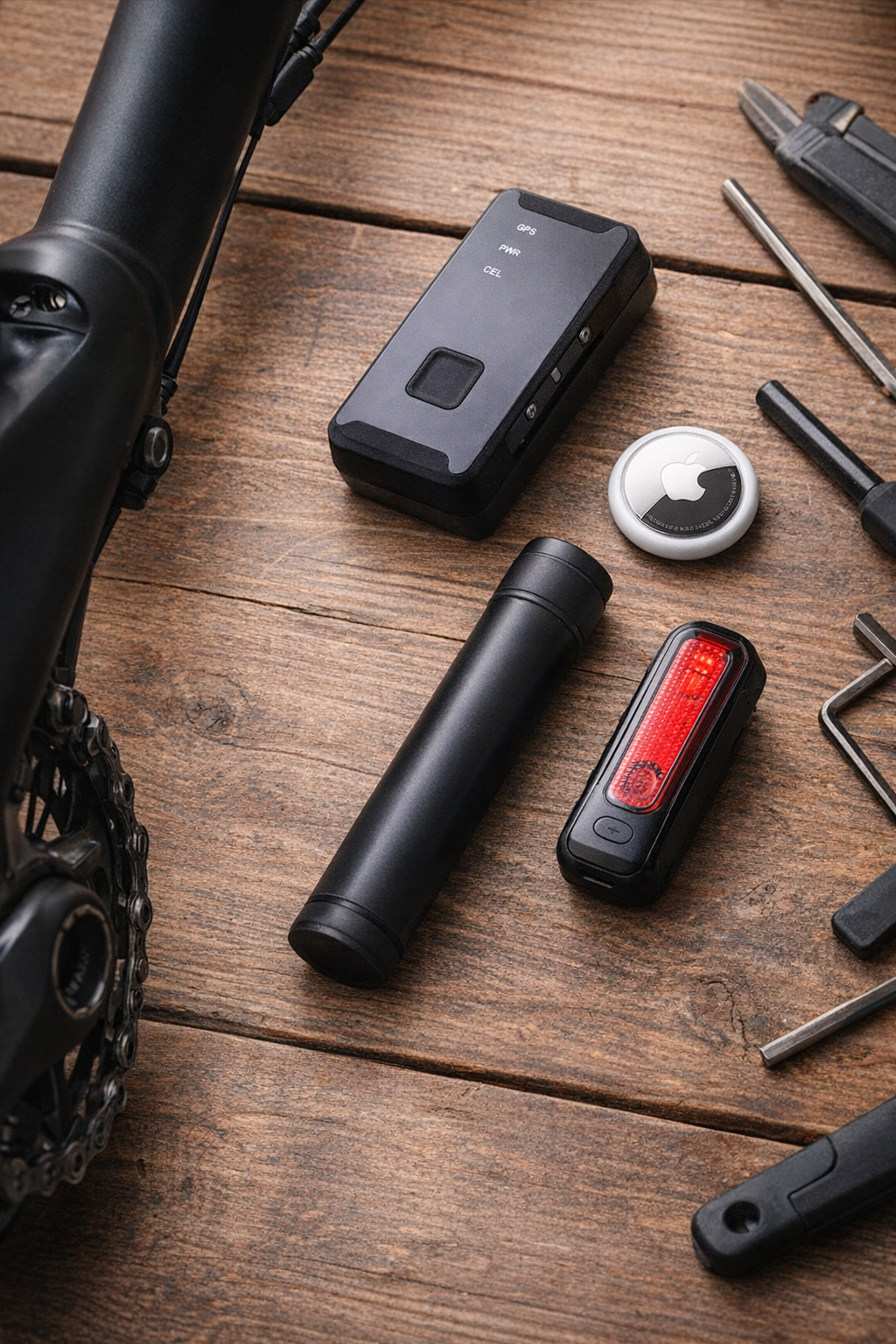Different types of GPS trackers for bicycles including Bluetooth tags and cellular GPS trackers