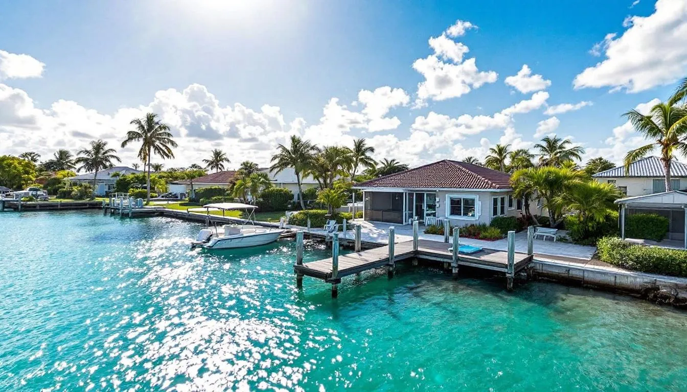 The image depicts a beautifully remodeled house located on a canal in Marco Island, featuring turquoise water and tall ceilings that allow for ample natural light. This property offers direct access to the water, making it an ideal opportunity for those looking to enjoy a relaxing lifestyle in Florida.