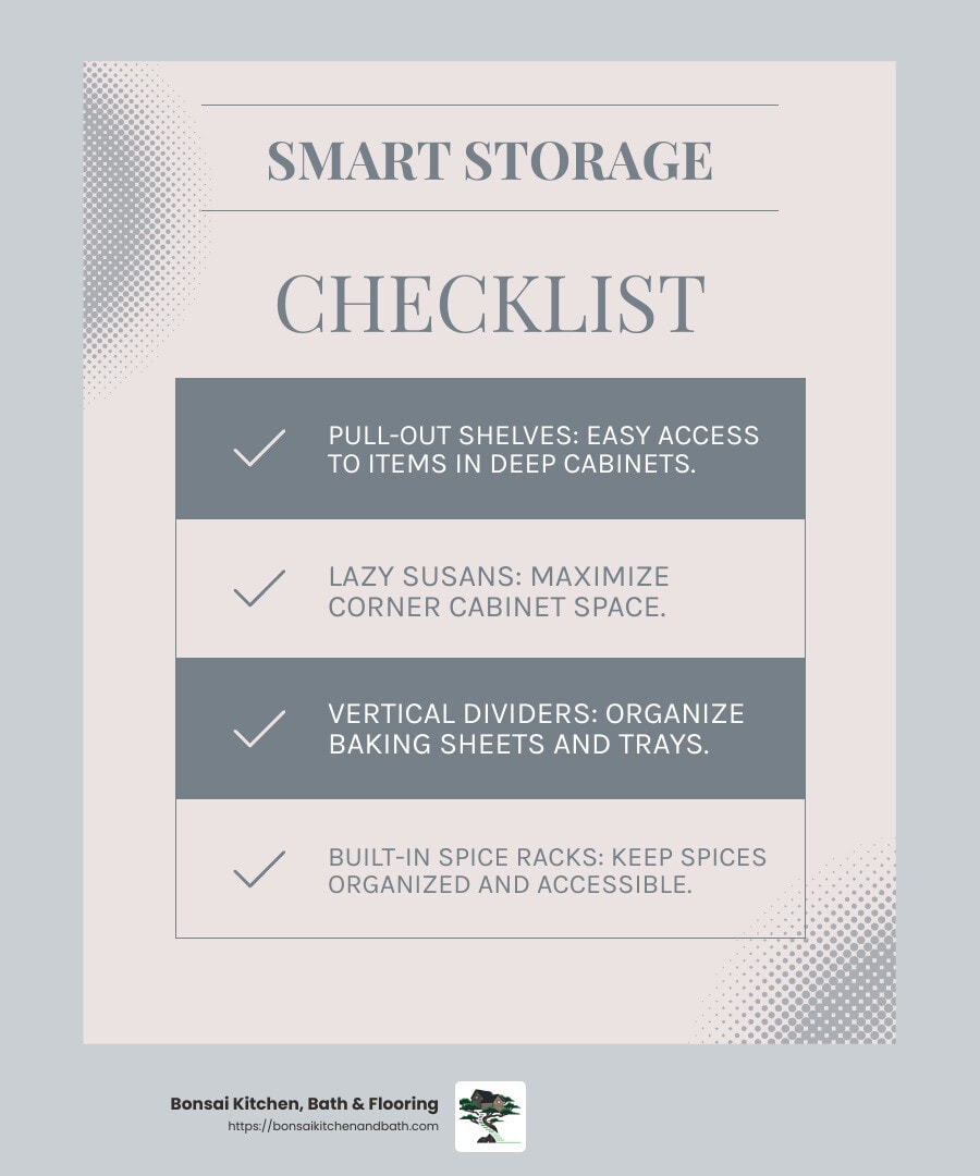 Smart Storage Solutions and Organization Tips - how to design kitchen cabinet layout infographic checklist