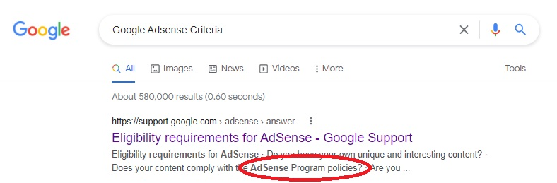 Using Google Search I Find The AdSense Program Policies | TheBloggingBox.com
