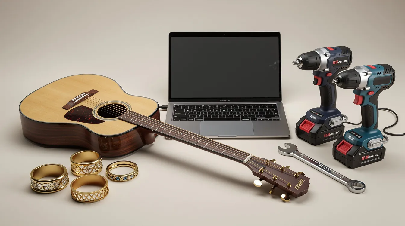 The image features a collection of gold rings, a guitar, various power tools, and a laptop, all neatly arranged on a display surface. This eclectic mix of items could symbolize different aspects of financial health, showcasing both personal and professional interests, while hinting at the potential for securing loans or financing for valuable assets.