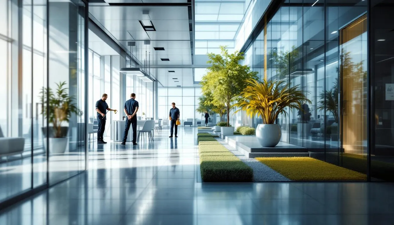 Interior and exterior building maintenance services being performed.