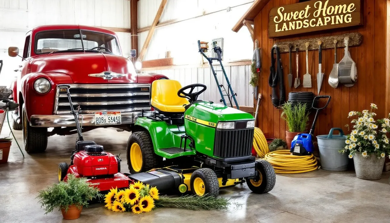 A well-maintained landscaping equipment in a workshop.