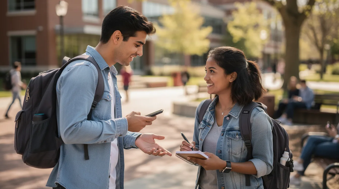 A young man is seen asking a woman for her phone number on a college campus, suggesting an interest in connecting further through a conversation or potentially dating online. The scene captures a casual moment where exchanging numbers could lead to future dates or chats, emphasizing the social dynamics of college life.