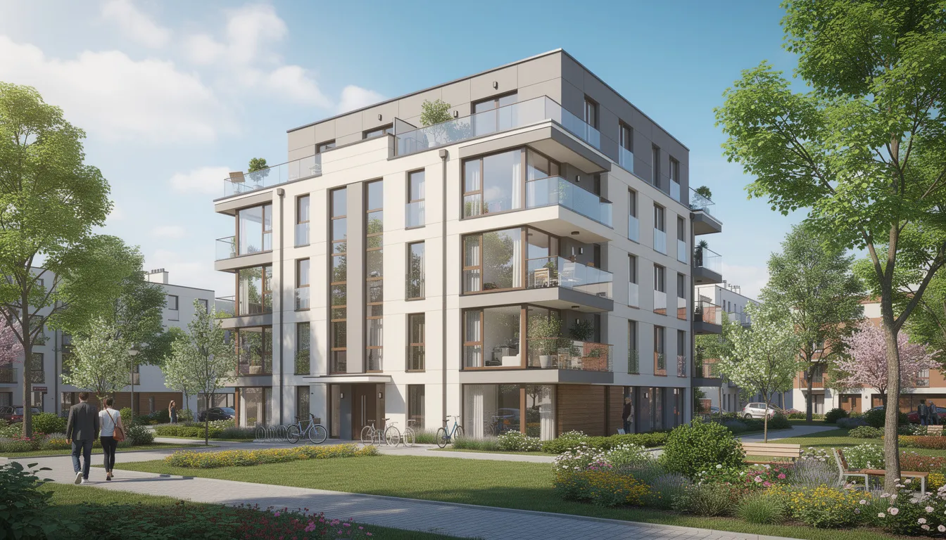 Nowoczesny blok mieszkalny w Warszawie otoczony zielenią, z dużymi oknami, które wpuszczają naturalne światło. Budynek ten może być przedmiotem analizy efektywności energetycznej, co wiąże się z posiadaniem aktualnego świadectwa charakterystyki energetycznej.