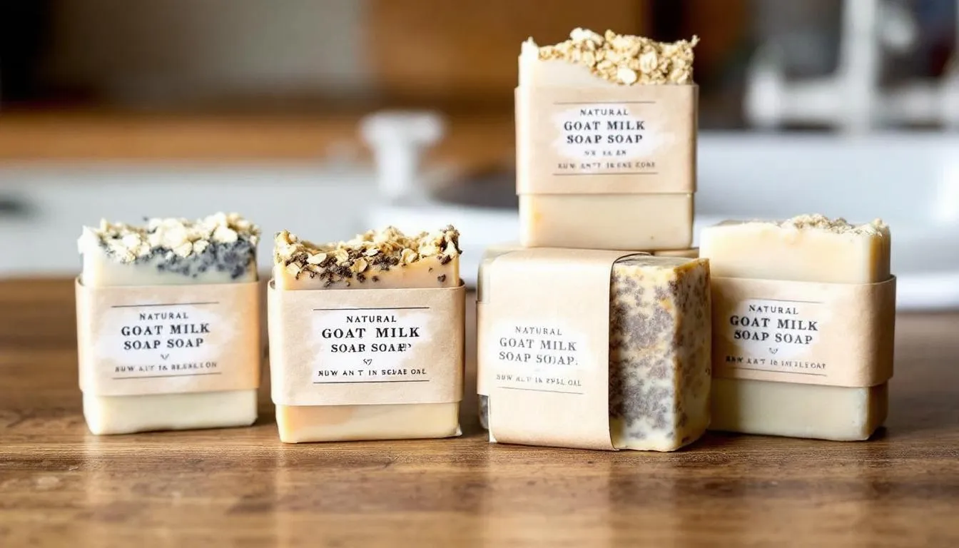 The image features an assortment of natural goat milk soap bars, each showcasing different formulations designed for various skin types. These goat milk soaps are crafted with gentle ingredients, making them ideal for sensitive skin and effective in managing rosacea symptoms while promoting healthy skin and improving skin texture.
