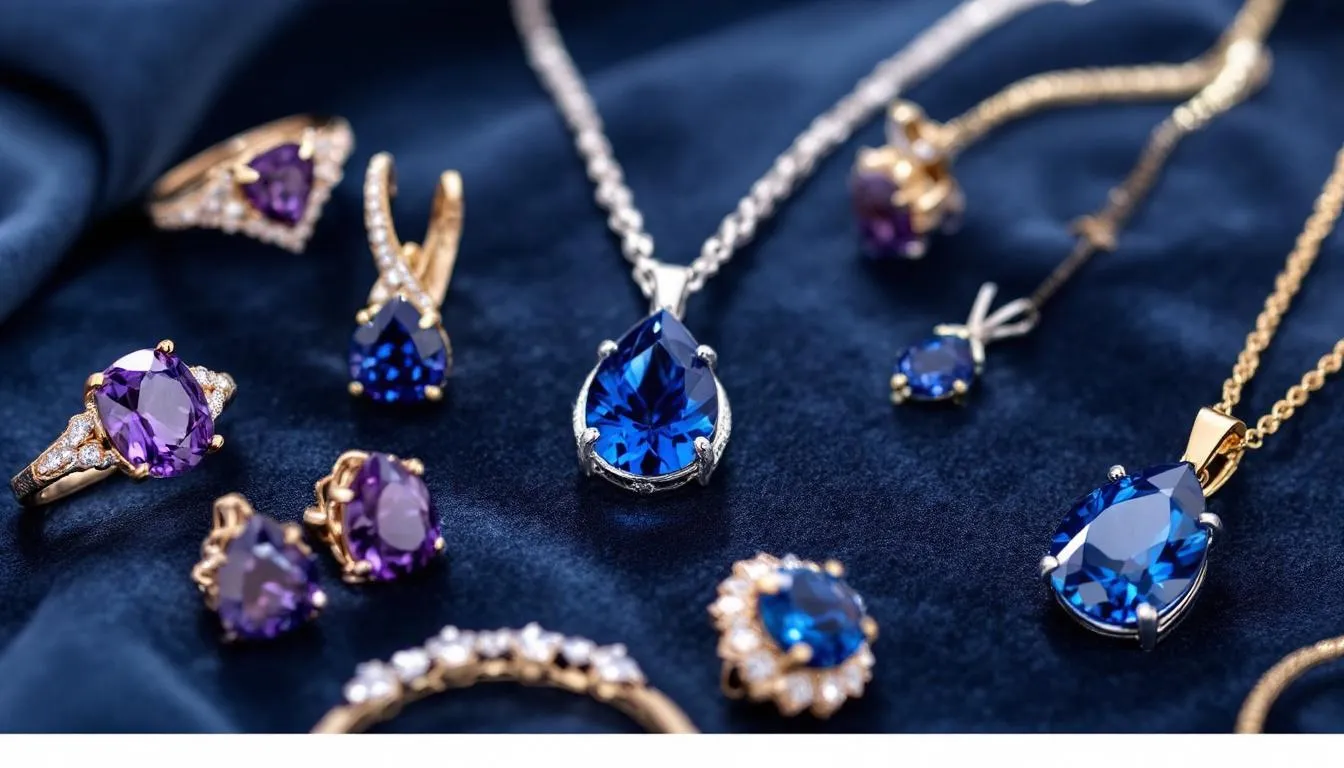 The image displays a stunning collection of December birthstone jewelry, featuring deep blue sapphires set in various styles such as rings, earrings, necklaces, and pendants crafted from precious metals like yellow gold and sterling silver. Each piece showcases the dazzling sparkle of sapphires, making them perfect gifts for jewellery lovers celebrating a birthday in December.