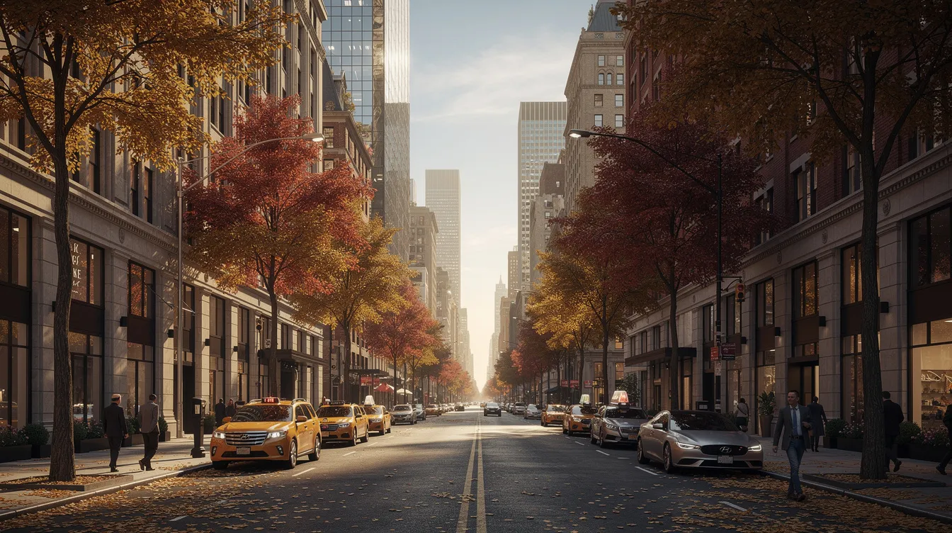 La imagen muestra una calle de Manhattan adornada con edificios elegantes y árboles que han cambiado de color por el otoño, creando un ambiente acogedor y vibrante. En el fondo, se pueden ver las características calles de Nueva York, reflejando la belleza de la ciudad en esta estación.
