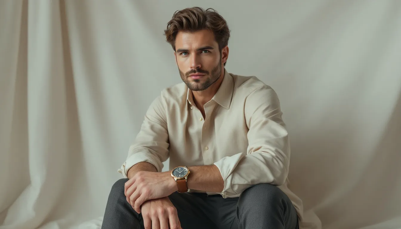 A stylish individual wearing a brown suede watch strap with a casual outfit.