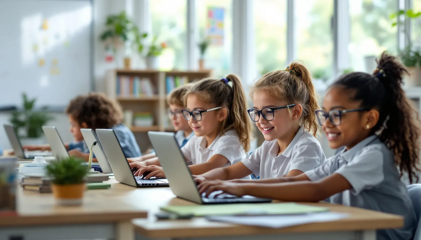 In der Abbildung sind mehrere Kinder zu sehen, die konzentriert an Computern arbeiten und mit künstlicher Intelligenz lernen. Sie nutzen digitale Lernmaterialien, um ihre Fähigkeiten in verschiedenen Bereichen zu verbessern und ihre Lernprozesse zu unterstützen.