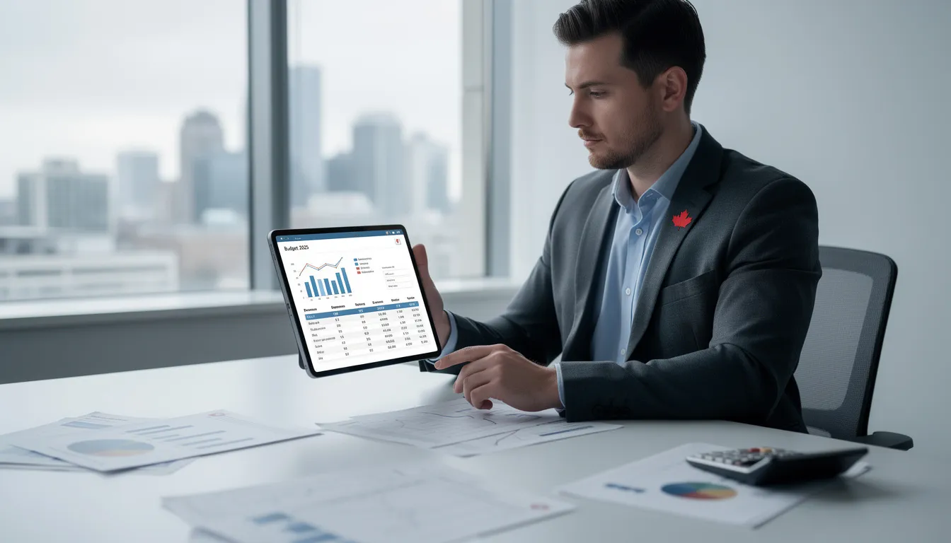 A Canadian is seated at a table, intently reviewing financing documents and budget calculations on a tablet, as part of their online car buying journey. The scene emphasizes the importance of thorough research and understanding financing options while purchasing a car completely online.