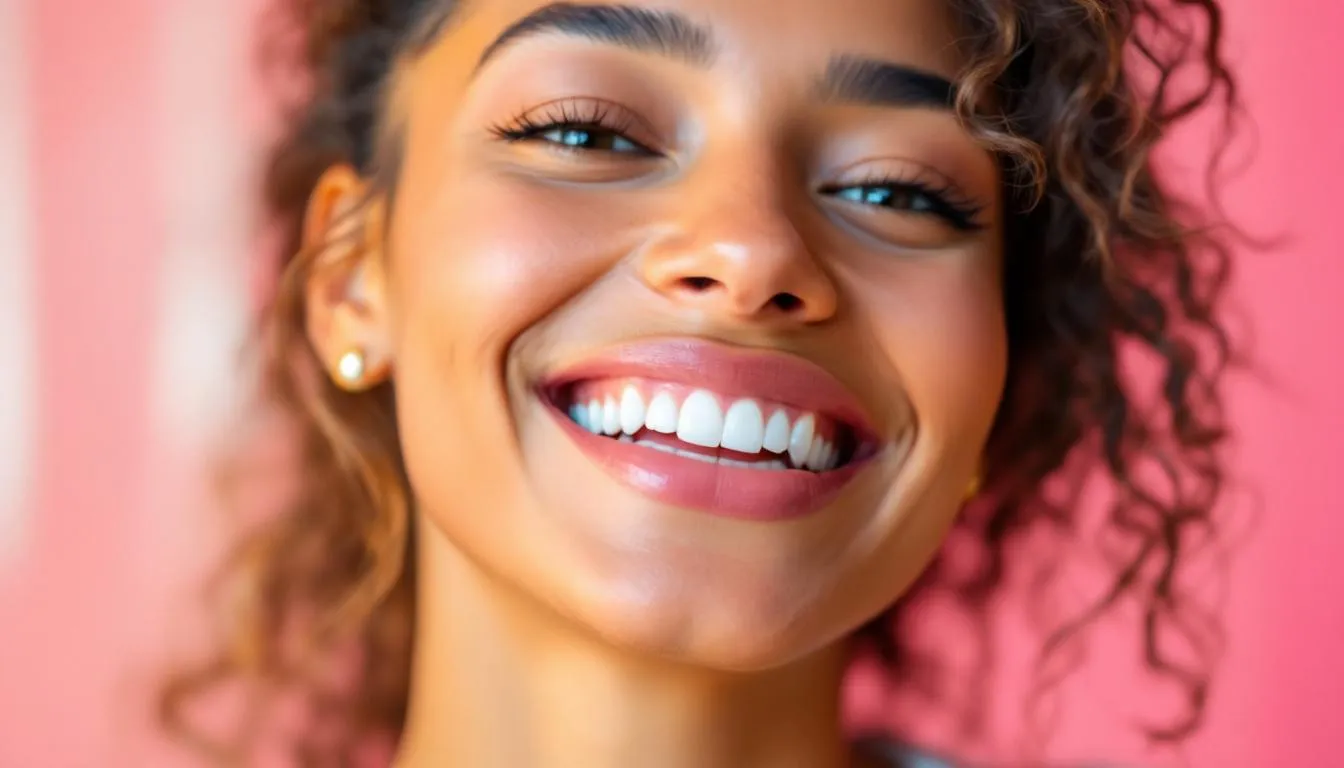 A smiling person showcasing their bright teeth, emphasizing oral health benefits.