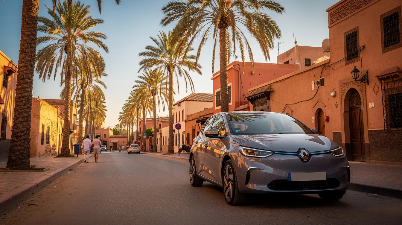Un coche compacto moderno está aparcado en una calle de Marrakech, rodeado de palmeras que añaden un toque exótico al paisaje urbano. Este destino ideal ofrece un espacio cómodo para los viajeros que buscan disfrutar de la ciudad y sus comodidades.