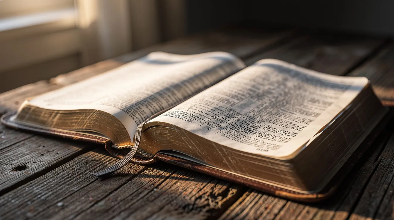 An open Bible lies on a rustic wooden table, bathed in soft morning light, inviting reflection on the identity in Christ and the teachings of the Lord Jesus. The warm glow highlights the pages, symbolizing the eternal life and hope found in God's word.