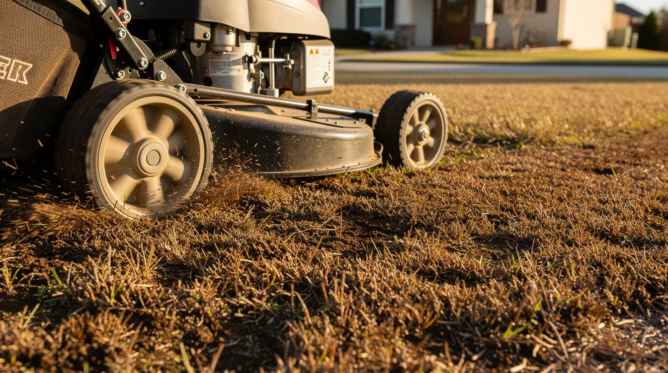 A close-up view of a residential lawn mower scalping brown bermuda grass very short, preparing the winter lawn for overseeding with grass seed. The mower's blades are cutting the grass to promote seed germination and ensure a lush green lawn in the upcoming season.
