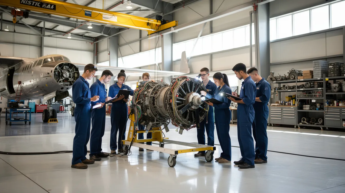 A group of students, dressed in aviation maintenance uniforms, is inspecting various aircraft components inside a maintenance hangar, focusing on their training as future aviation maintenance technicians. The scene highlights their hands-on experience in preparing for FAA certification and developing the necessary skills for a career in aircraft maintenance.