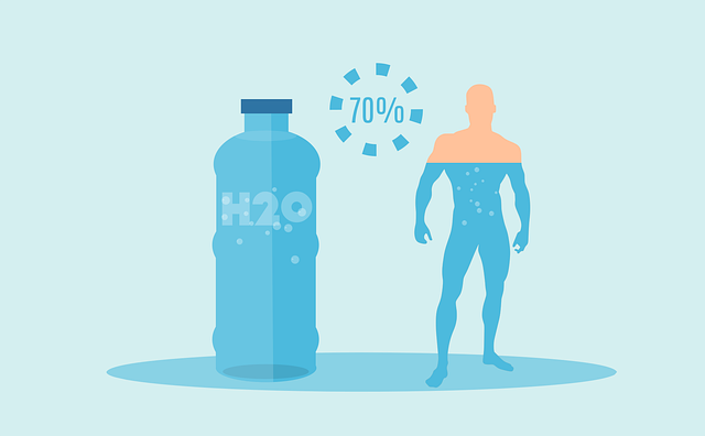 How to Clean Your Throat A cartoon image of a male figure filled with water nearly to his shoulders standing beside a gigantic H2O bottle, signifying that the human body is composed of 70 percent water.