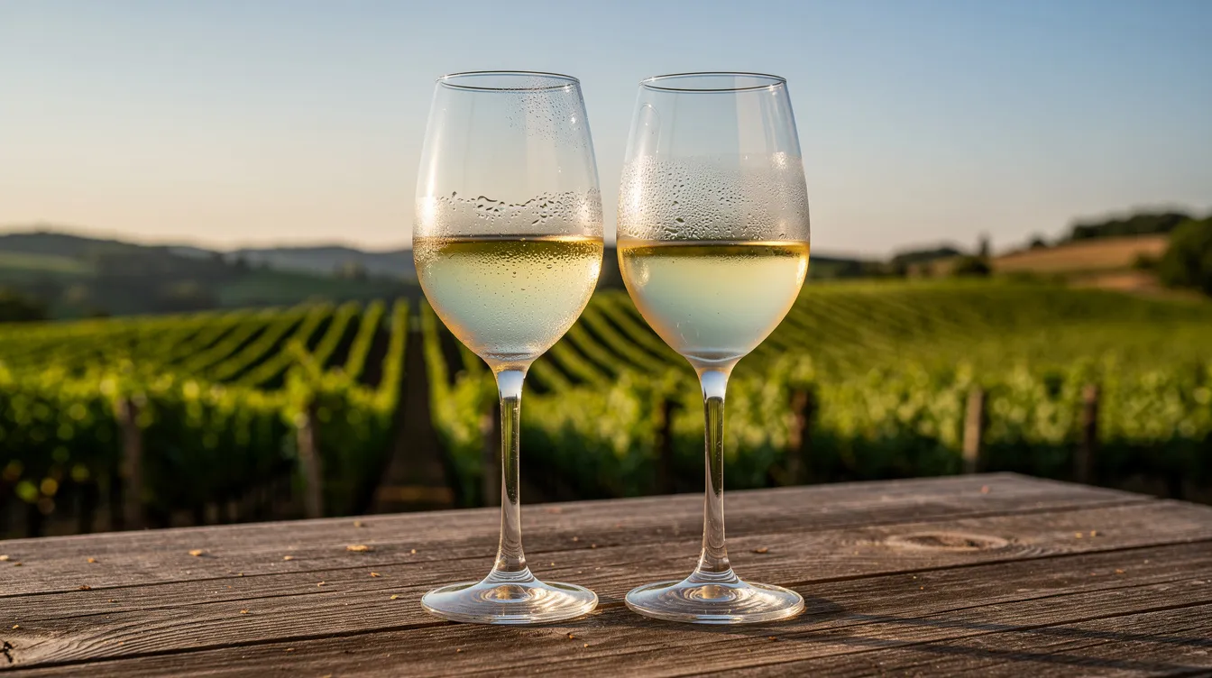 Two elegant glasses of white wine, likely a refreshing Chenin Blanc or Chardonnay, sit on a rustic wooden outdoor table, with lush vineyard rows stretching out in the background under a clear blue sky, capturing the essence of Clarksburg wine country. The scene evokes a sense of tranquility, perfect for enjoying the award-winning wines that this vibrant region offers.
