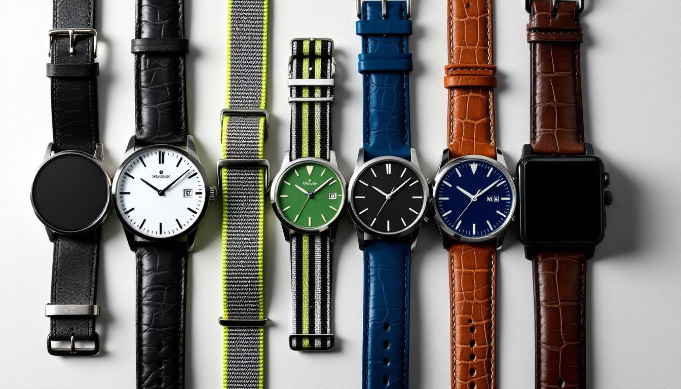 Various stylish watch straps displayed together.