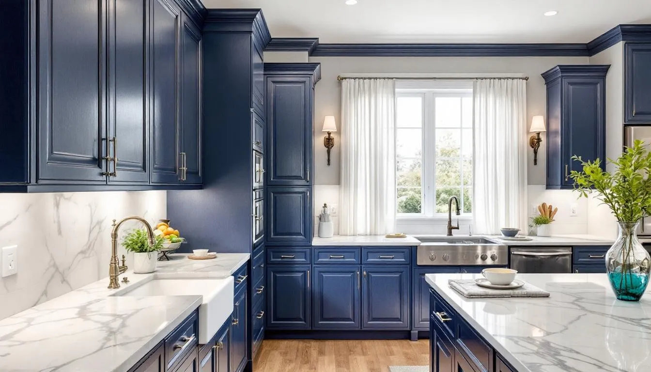 A traditional kitchen featuring rich navy blue cabinets paired with elegant marble countertops and intricate crown molding details, creating a sophisticated and timeless design. The deep navy shade of the cabinets adds depth and luxury to the space.