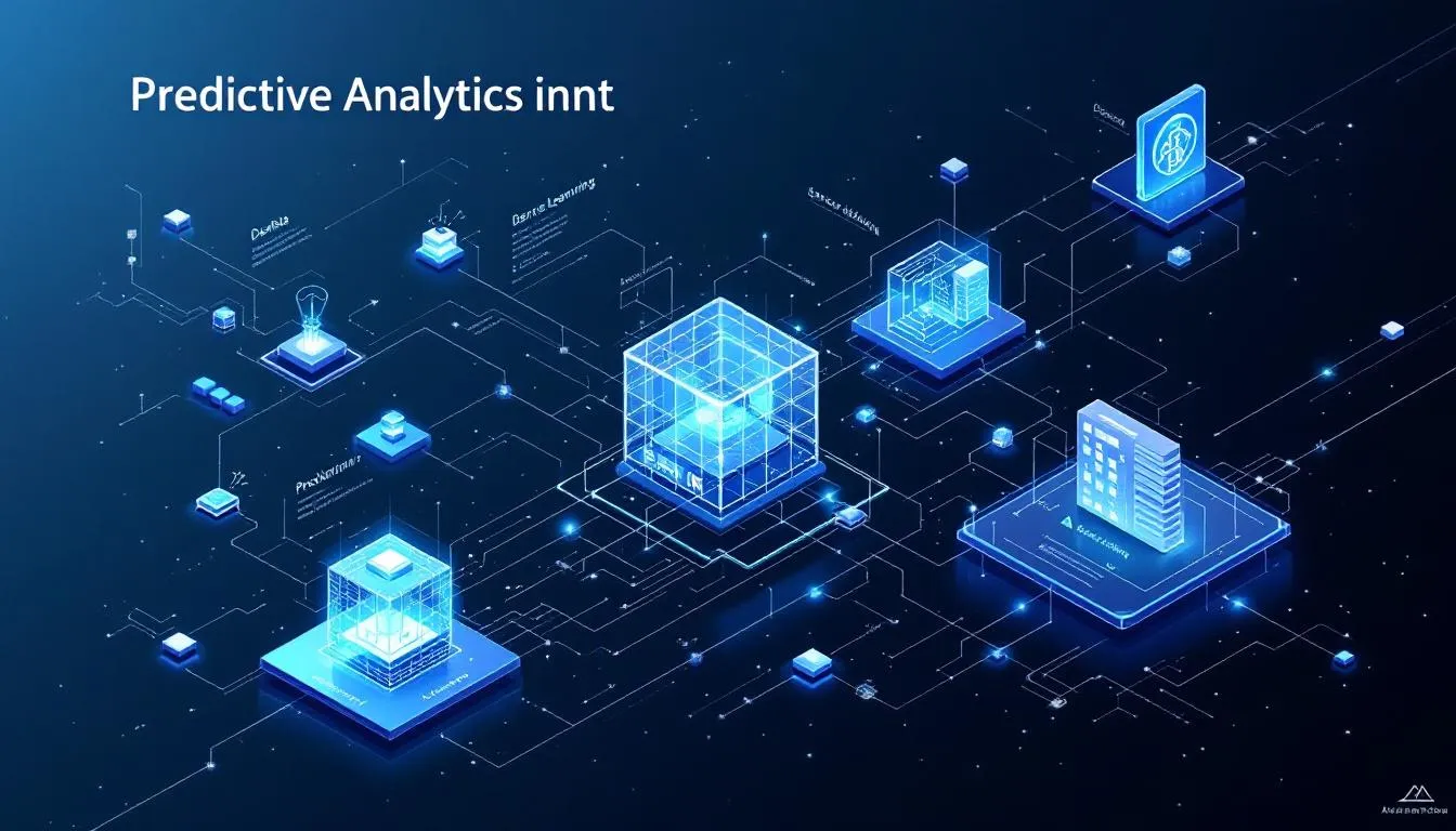 Key components of predictive analytics in manufacturing illustrated through data flow and machine learning models.