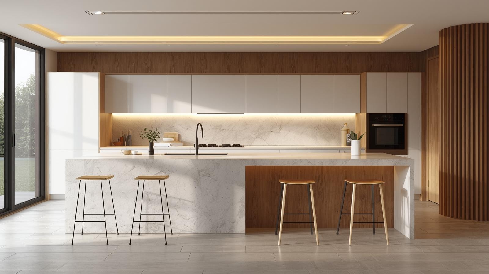 Two-Tiered Kitchen Island with marbl and wood