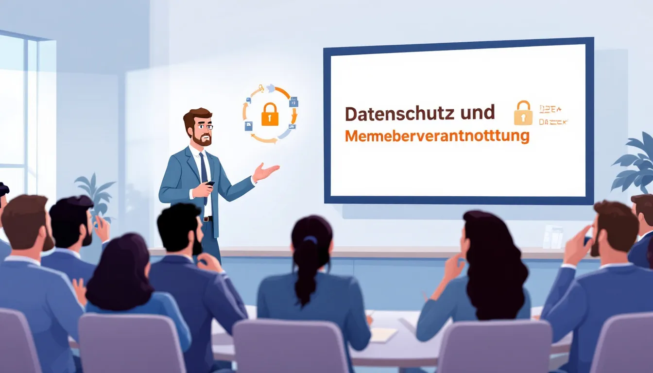 Ein Trainer, der eine Datenschutzschulung für Mitarbeiter durchführt, während Mitarbeiter aktiv teilnehmen.