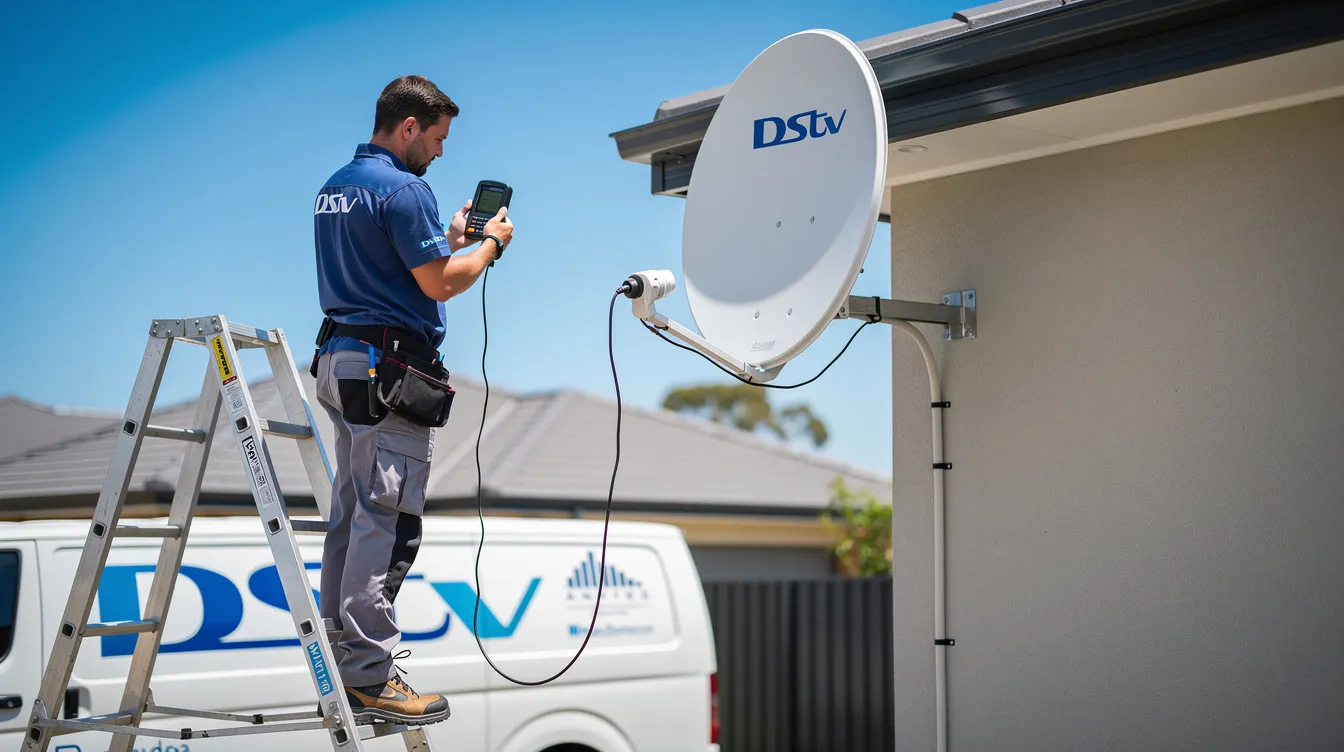A professional DStv technician is testing the signal strength on a satellite dish installation, ensuring the decoder settings are correct to avoid any signal problems. The technician is focused on troubleshooting any issues that may arise during the setup process.