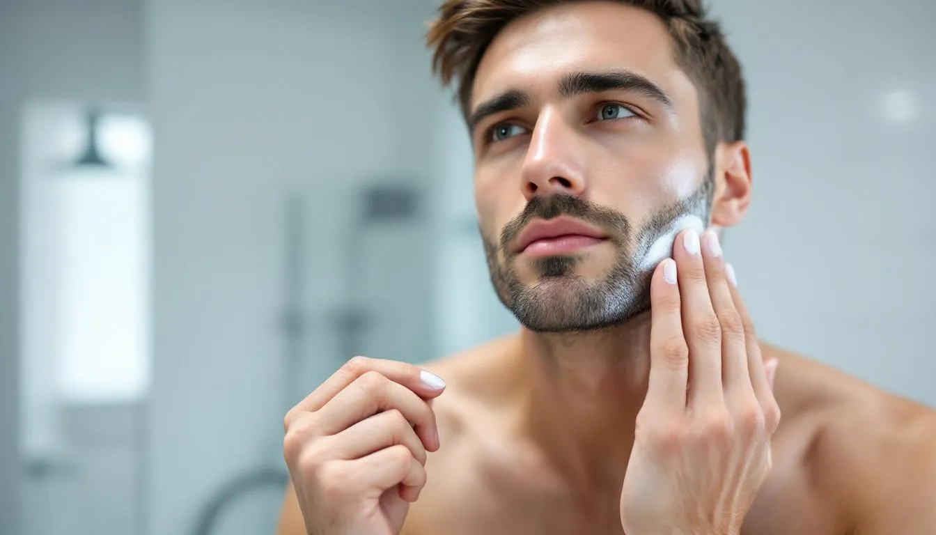 Homme appliquant une crème hydratante sur son visage pour sa routine de soin quotidienne