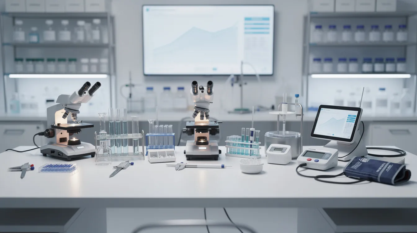 The image shows a clean laboratory research setting, equipped with various medical tools and measurement devices arranged neatly on a desk. This environment is ideal for studying products like penis extenders and other devices designed for penis enlargement, ensuring accurate measurements and safe testing.