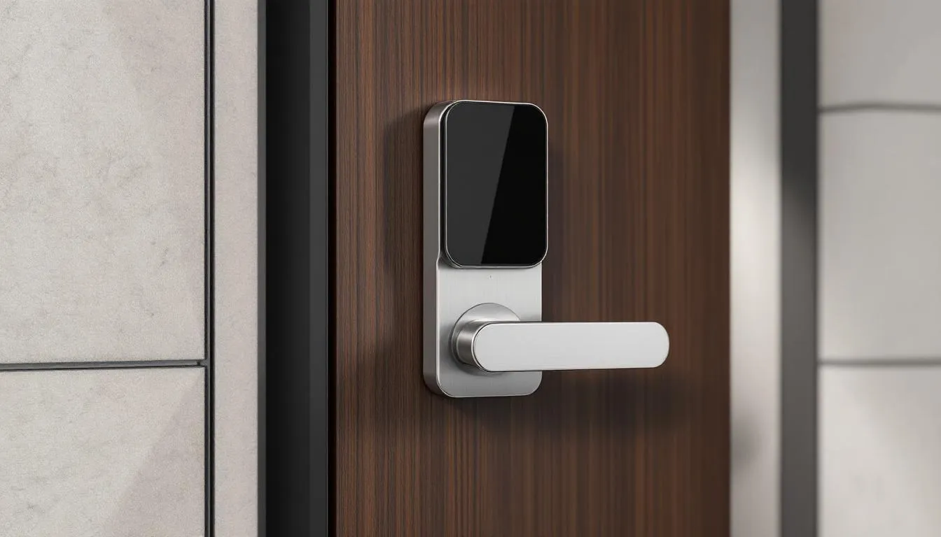 A smart lock installation on a front door, showcasing keyless entry convenience.