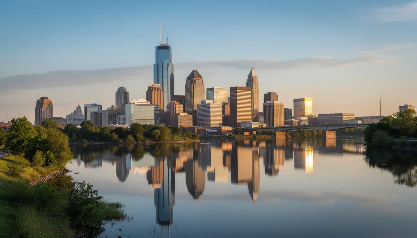 The image depicts the Philadelphia city skyline with a picturesque view of the river, showcasing modern skyscrapers and historic buildings. This vibrant scene represents the dynamic real estate market where cash buyers and companies that buy houses for cash can help homeowners sell their properties quickly and hassle-free.