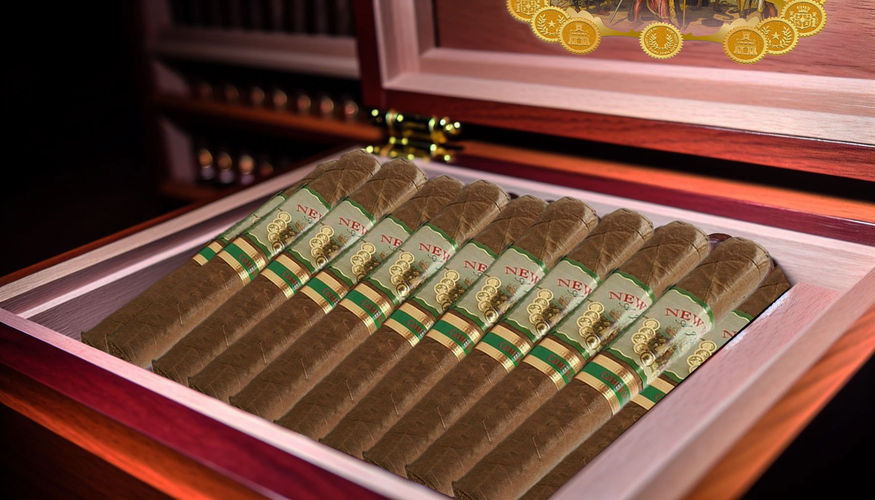 Elegant arrangement of New World Cameroon Churchill cigars in a humidor