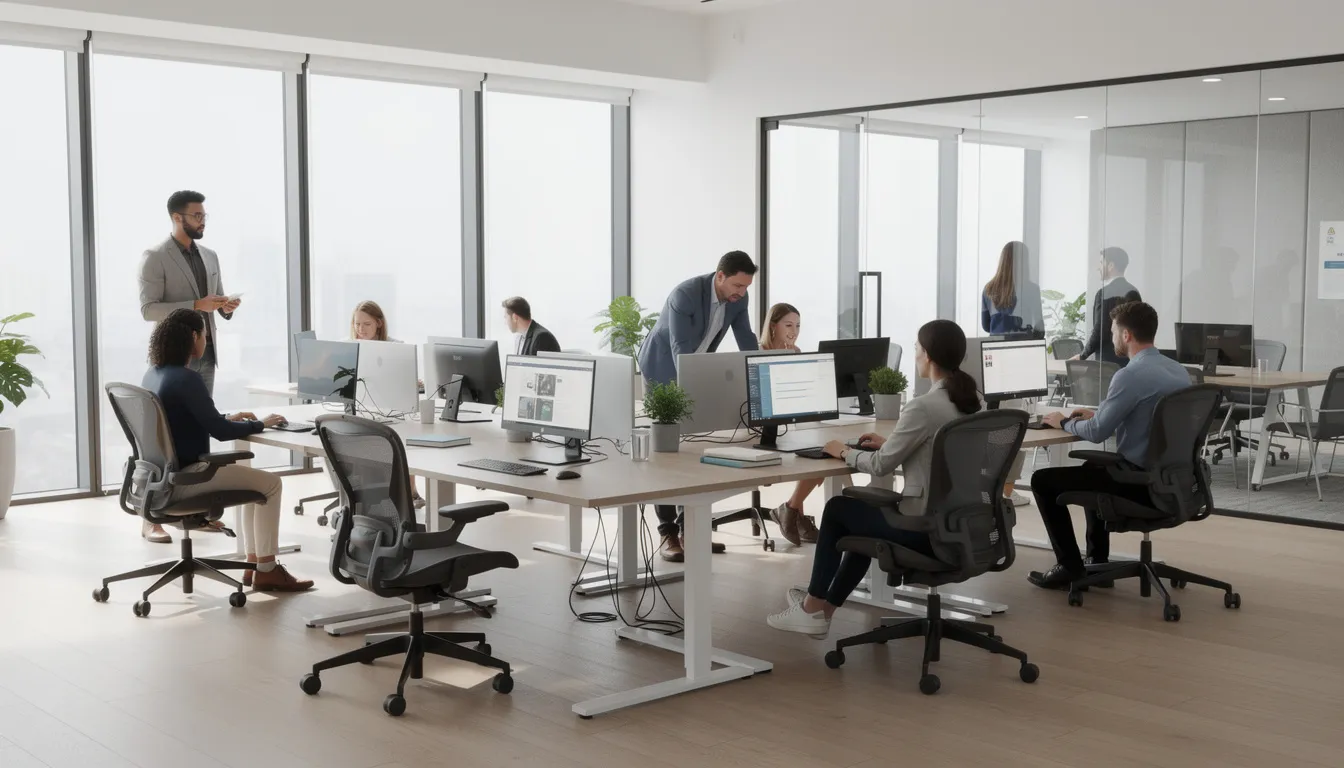 Een modern kantoor waarin medewerkers aan het werk zijn, uitgerust met ergonomische bureaustoelen zoals de Ahrend 220, die verstelbare rug- en zithoogte bieden voor een gezonde werkhouding. De ruimte straalt stijl en functionaliteit uit, met een focus op zitcomfort en ergonomie.