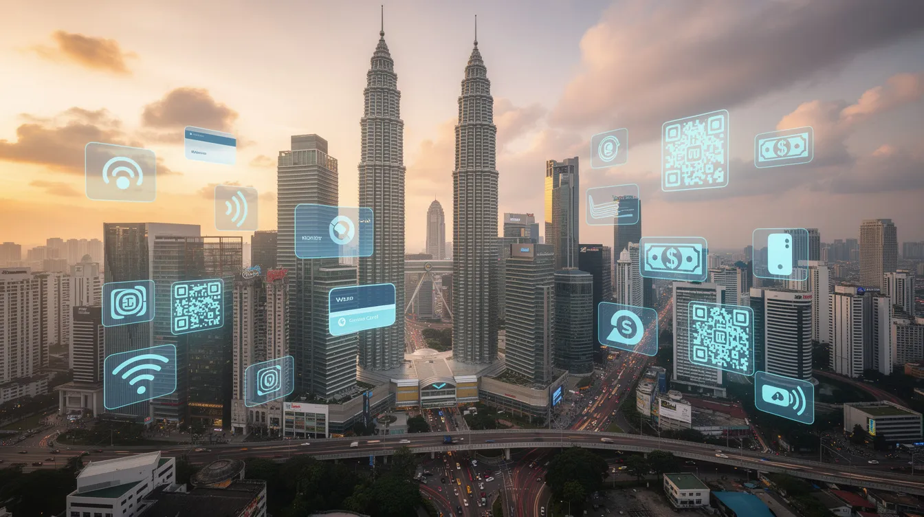 The image depicts the modern skyline of Kuala Lumpur at sunset, with vibrant hues of orange and purple in the sky. Floating above the city are various digital payment icons, symbolizing the rise of e wallets and cashless payments, essential for online shopping and local and international transactions in Malaysia.