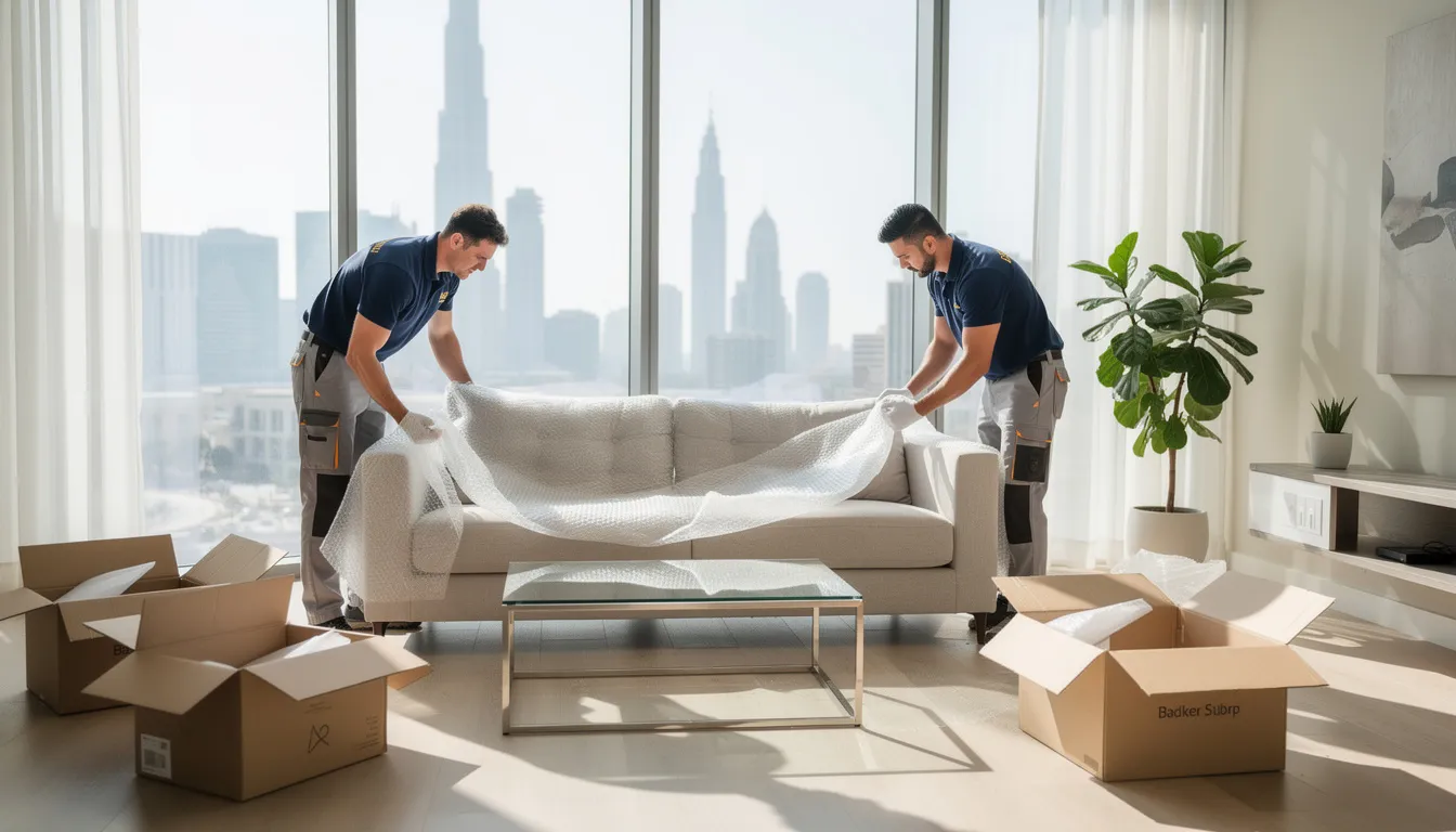 In a modern Dubai apartment living room, professional movers are carefully wrapping furniture with high-quality packing materials, ensuring safe handling of valuable items. The experienced team focuses on providing efficient packing and moving services to facilitate a stress-free relocation process.