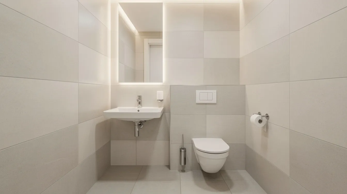 Modernes kleines Gäste-WC mit wandhängendem WC, kompaktem Waschbecken und großformatigen hellen Fliesen