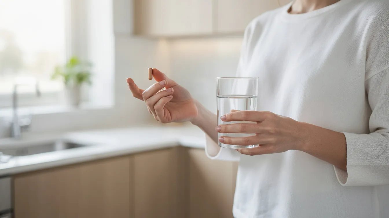 A person is holding a dietary supplement capsule in one hand and a glass of water in the other, standing in a bright kitchen. The scene suggests a focus on health and wellness, possibly related to host defense products like lion's mane capsules, which are known for their cognitive benefits.