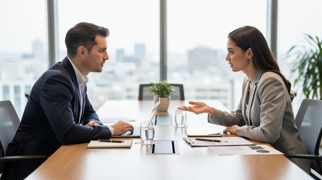 The image depicts two professionals engaged in a focused discussion at a conference table, likely addressing family law matters such as child custody mediation and divorce mediation. Their collaborative environment suggests they are working towards resolving disputes and tailoring solutions for their clients' needs.