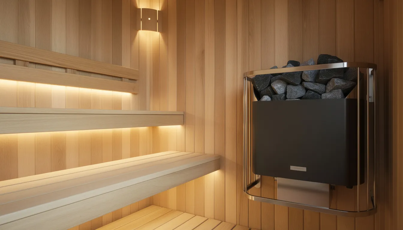 The image shows a wall-mounted electric sauna heater with sauna rocks inside a compact wooden sauna room, designed for optimal heating and a pleasant sauna experience. The heater features built-in controls for precise temperature control, ensuring consistent heat during your sauna session.