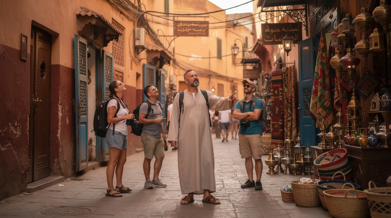 A local Moroccan tour guide is walking alongside a group of tourists through a narrow, bustling medina alleyway, surrounded by vibrant shops and traditional architecture. This scene highlights the tourism industry and the importance of good service in supporting the local economy.