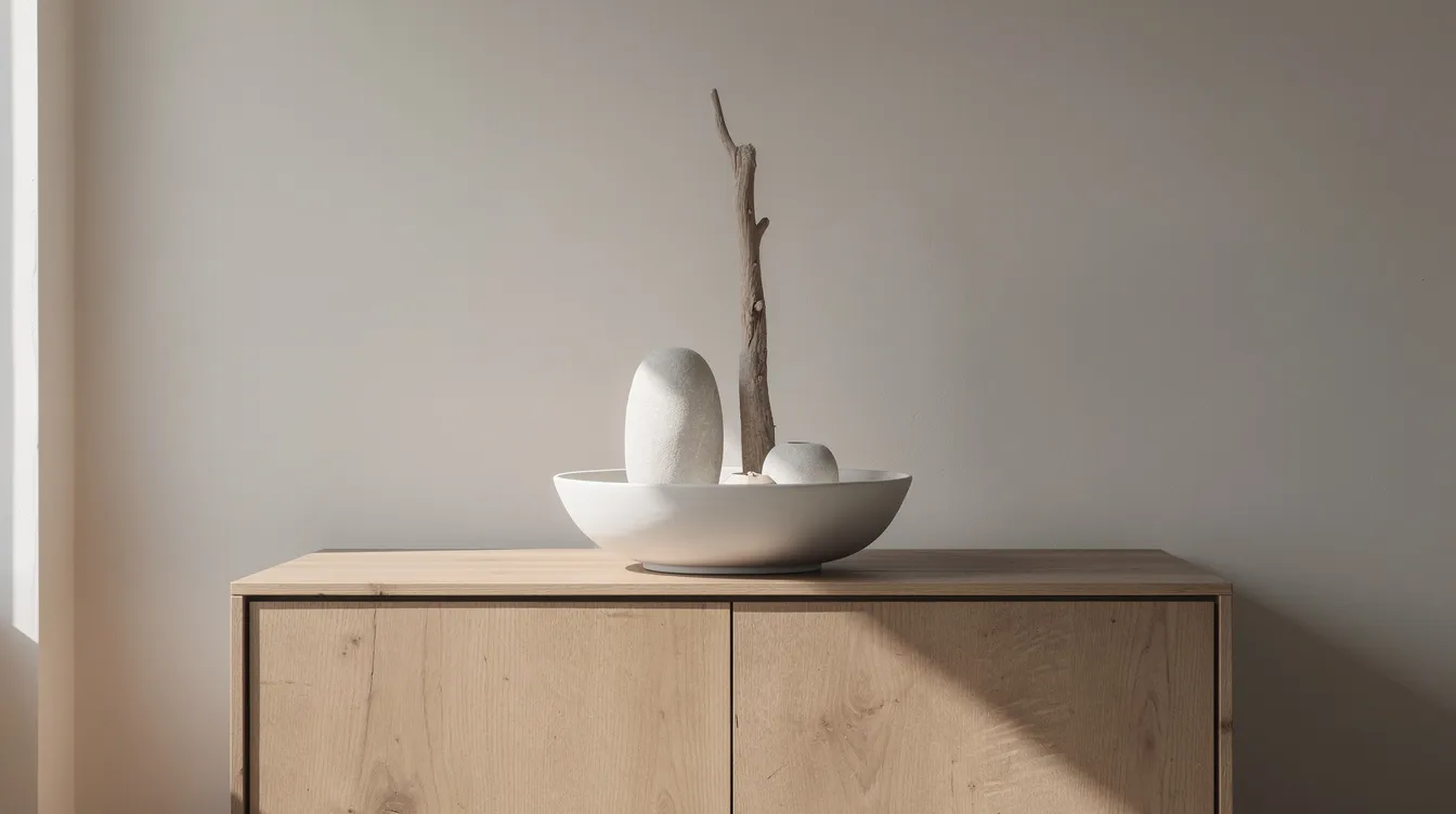Een keramische schaal staat op een houten dressoir en bevat drie items in verschillende hoogtes, wat een speels effect creëert. Deze decoratieve schaal is een echte eyecatcher in het interieur en voegt warmte en stijl toe aan de ruimte.