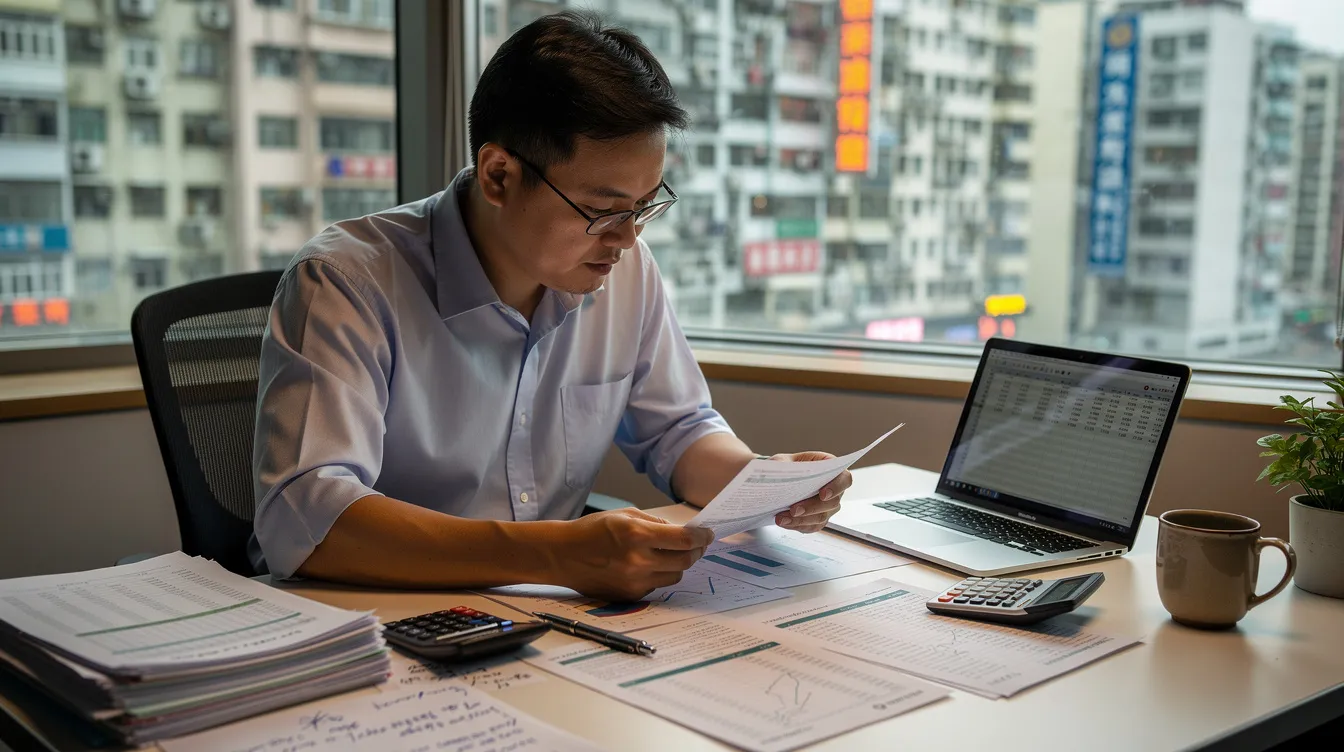A small business owner in Hong Kong is sitting at a desk, reviewing financial documents with a laptop open in front of them. The scene reflects the process of managing business finances, possibly related to 中小企業貸款 or applying for a financing guarantee program.