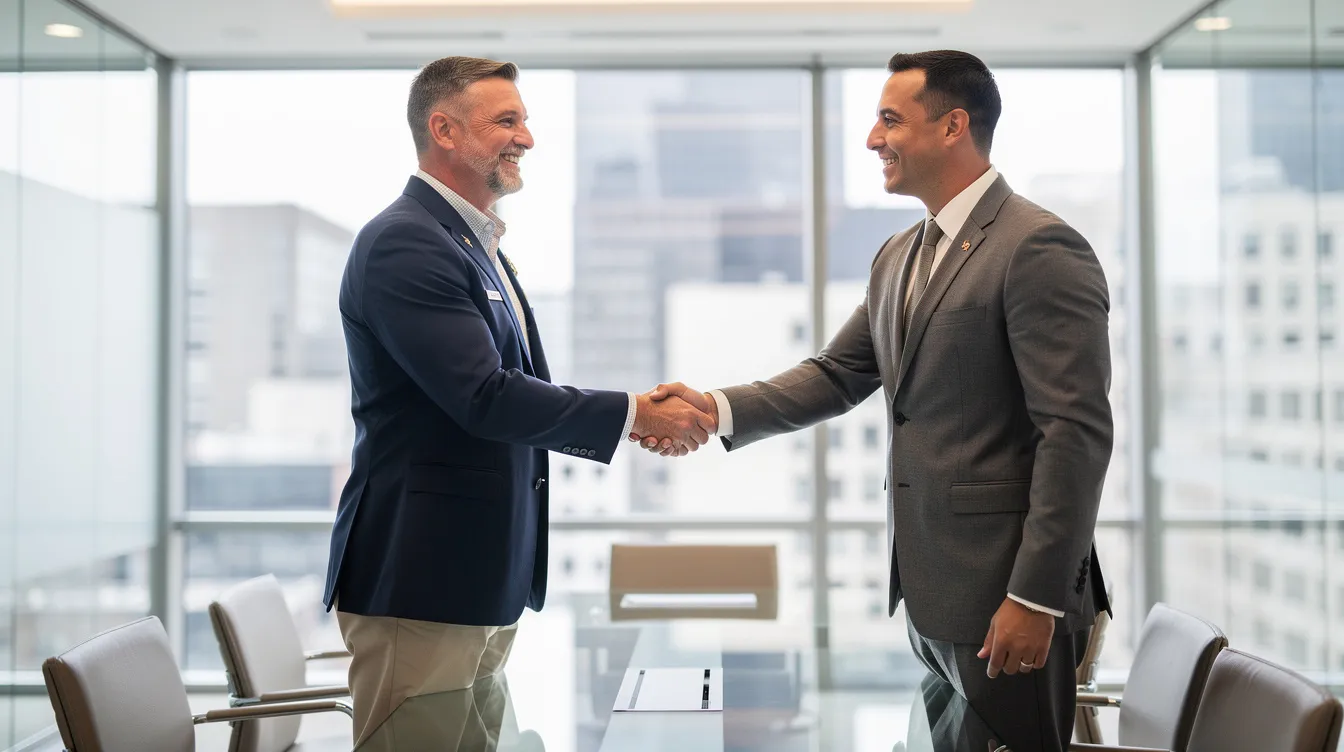 A veteran dressed in professional civilian attire is shaking hands with a business partner in a modern office setting, symbolizing collaboration and the spirit of entrepreneurship among veteran-owned small businesses. This image highlights the journey of veteran entrepreneurs as they navigate business ownership and establish connections in the corporate world.