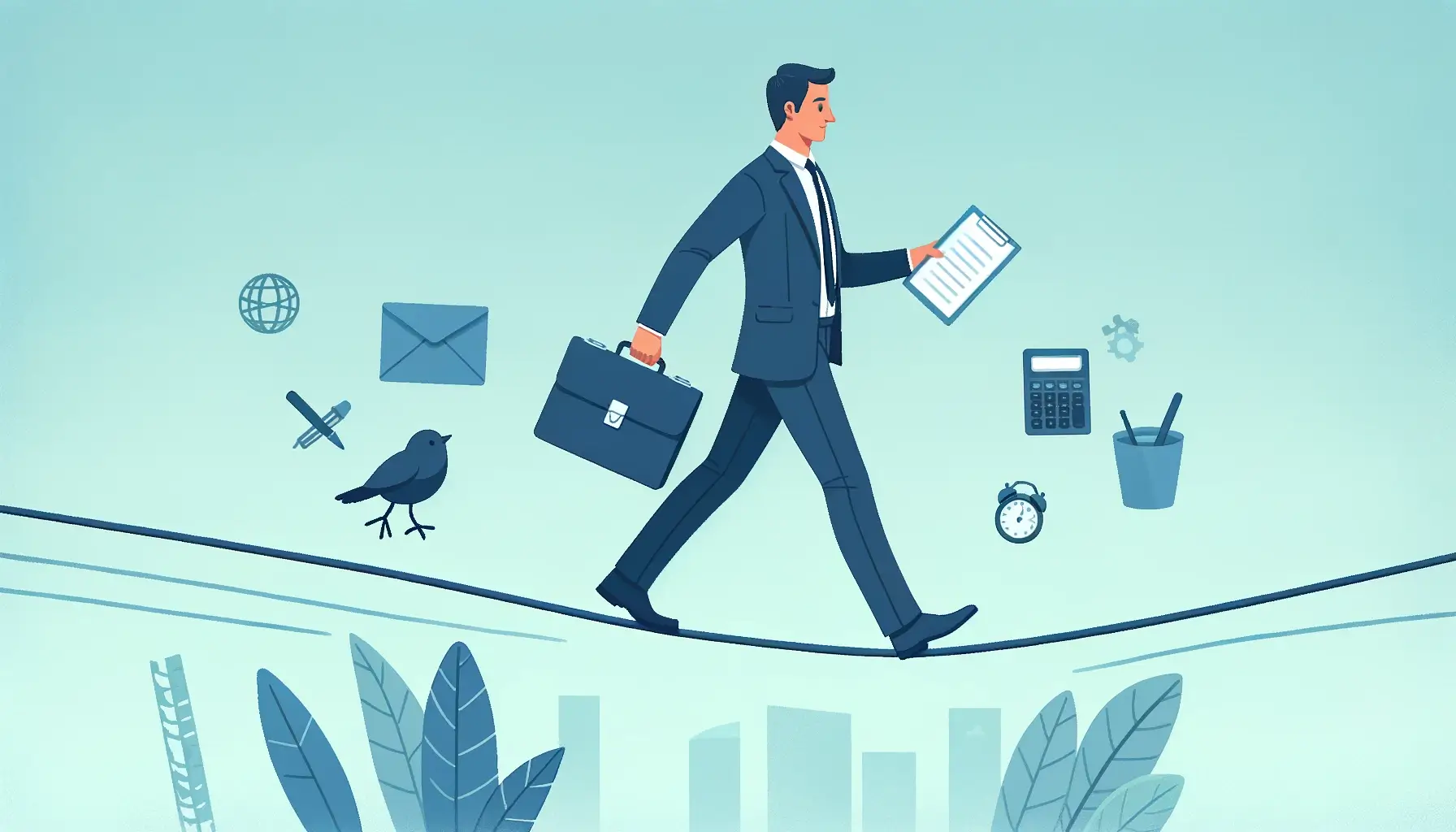 Graphic of a male entrepreneur balancing on a tightrope, with icons of professional responsibilities on one side and personal life on the other. This image captures the challenges many entrepreneurs face in managing their own business, balancing the risks and rewards in small business entrepreneurship, and juggling the demands of economic development with personal commitments.