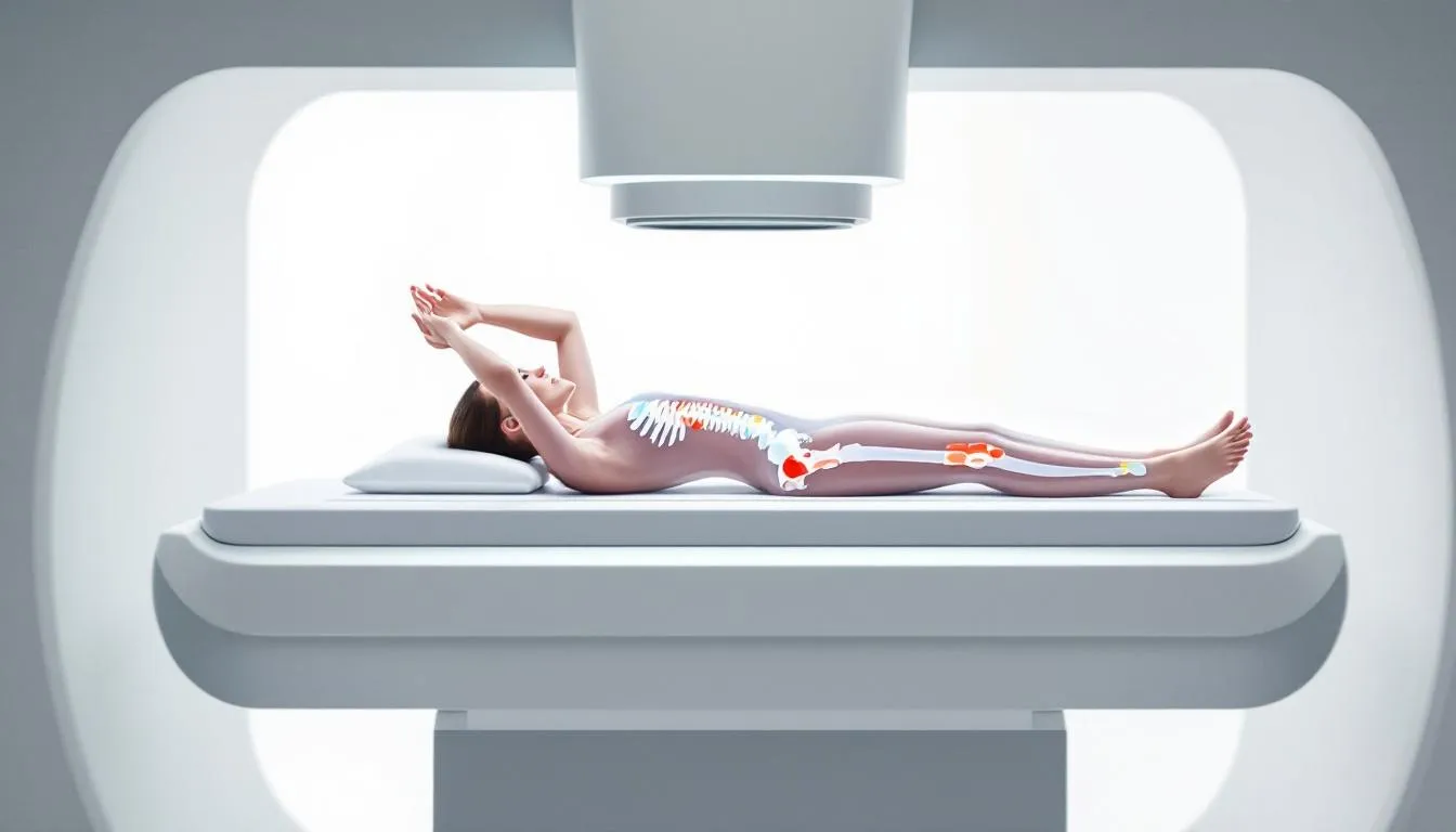 A patient undergoing a DEXA scan, showing the scanning process.