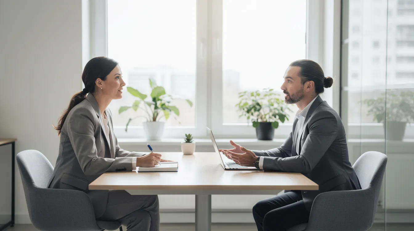 L'image montre deux professionnels engagés dans une séance de coaching individuel dans un bureau lumineux, assis face à face. Cette interaction souligne l'importance de l'accompagnement dans le management et le développement des compétences, favorisant la prise de décision et la réussite des collaborateurs.