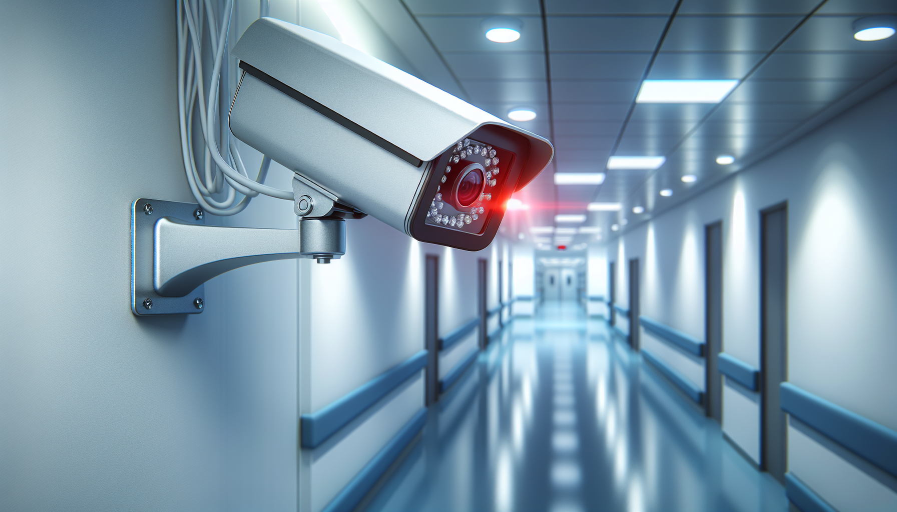 Surveillance camera monitoring a hospital corridor